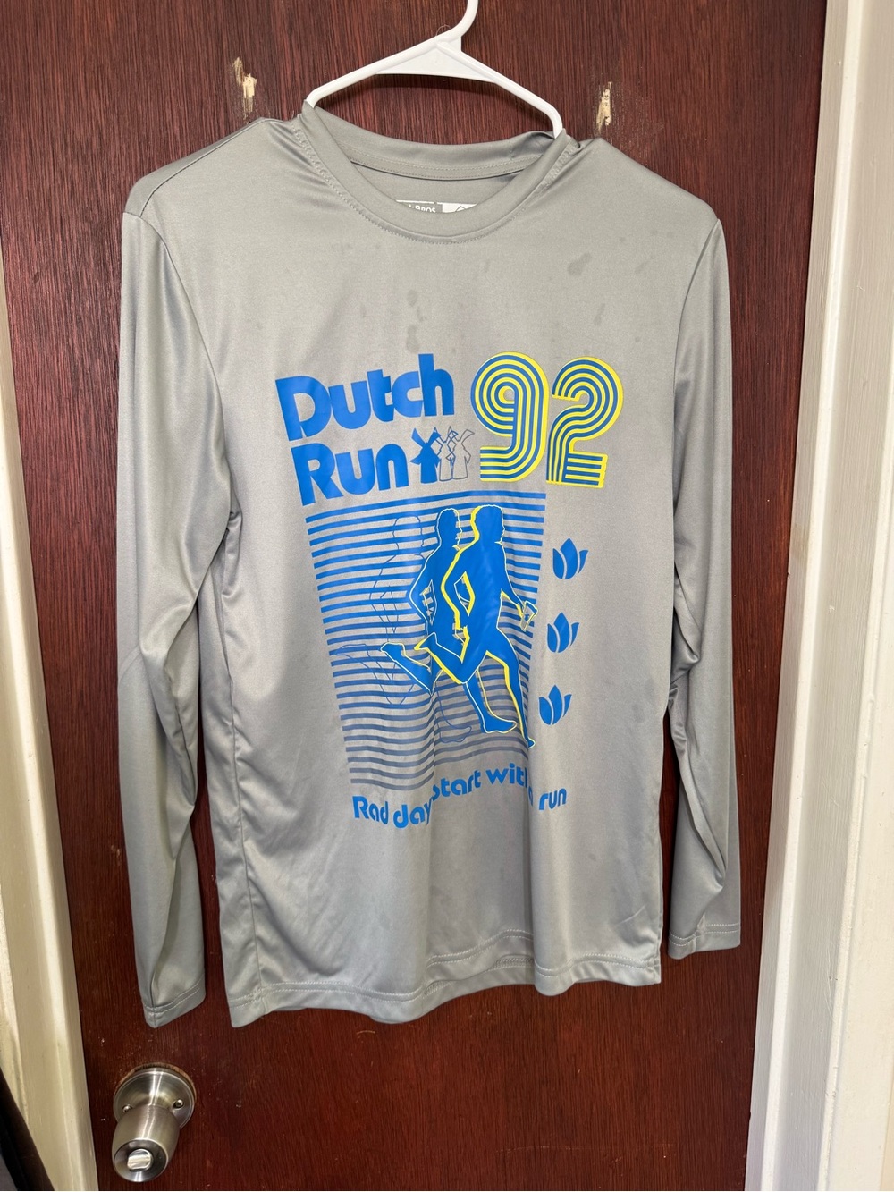 Dutch Bros Gray Long Sleeve Tee with Blue and Yellow Graphic